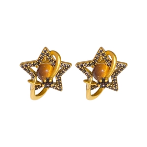 Retro golden Saturn star stud earrings with brown gemstone and sparkling crystals