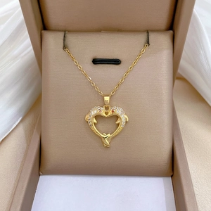 Heart Dolphin Pendant Necklace Stainless Steel Chain Copper Zircon Paved Luxury Elegant Clavicle Jewelry For Women
