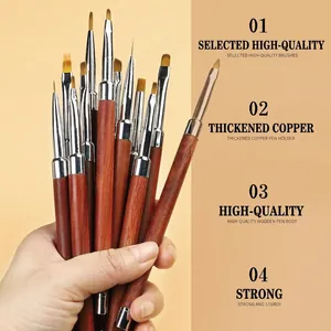Professional nail art brush set with wooden handles and diverse copper ferrule tips
