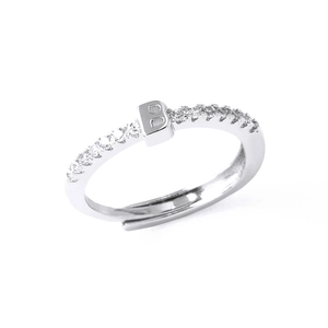 Silver adjustable ring with letter B design and small inset stones on white background