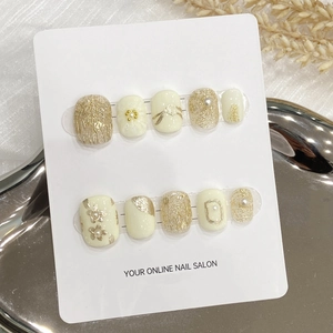 Handmade Press On Nails Flower Relief Artificial Pearl Decoration Gold Foil French Luxury Elegant Short Round Square Shape Women