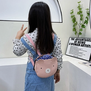 Cute pink bear mini backpack for kids featuring blue checkered drawstring closure
