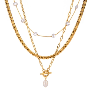 Multi Layer Pendant Necklace Stainless Steel Artificial Pearl Vintage Geometric Design For Women Waterproof Hypoallergenic