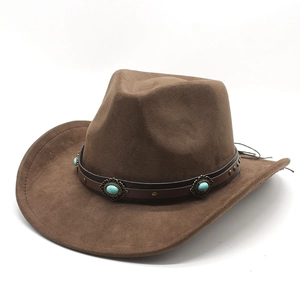 Western Cowboy Hat Faux Suede Ethnic Turquoise Beaded Leather Band Retro Wide Brim Outdoor Sun Protection Unisex