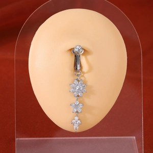 Exquisite silver snowflake belly ring with sparkling crystals on a clip-on U-shaped mount
