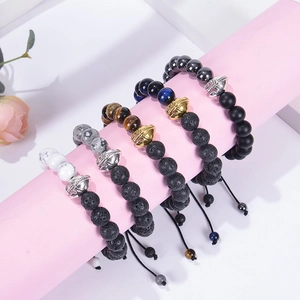 Braided tiger eye and lava stone warrior helmet bracelets with adjustable cords