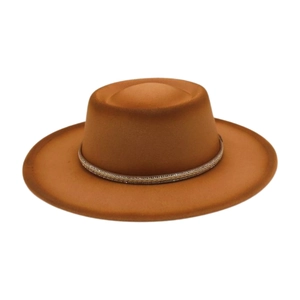Classic flat top wool felt fedora in mustard brown with multicolored rhinestone band