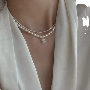 French vintage double layer necklace with rice freshwater pearls and zircon pendant
