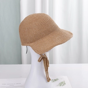 Close-up of hand-woven straw sun hat with delicate texture and chin strap for women