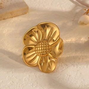 Golden stainless steel adjustable open ring with a minimalist flower and dragonfly design