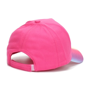 Pink girl's baseball cap with rainbow sequins brim and velcro strap in back view