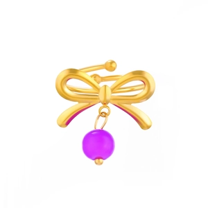 Golden bow ear cuff featuring a hanging purple round bead, minimalist pastoral style jewelry