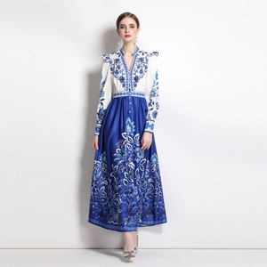Elegant French vintage V-neck maxi dress with blue floral print and high waist detail