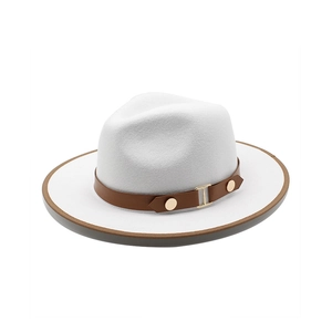 White wool felt fedora hat with brown leather belt and gold metal H buckle buckle
