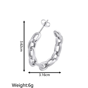 Silver chain-link stainless steel C-shaped hoop earrings with size and weight specs