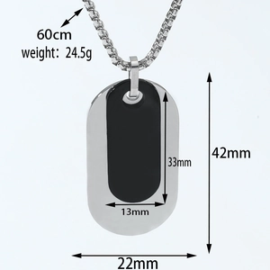 Detailed specs of double military dog tag necklace in silver and black stainless steel