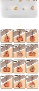 Grille détaillée montrant des porte-clés en acrylique capybara dans divers styles
