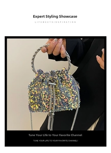 Close-up of colorful sequin bucket bag featuring drawstring closure and metal tassels