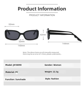 Detailed size specifications and product parameters for oval fashion sunglasses