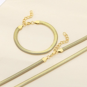 Detailed view of 18k gold plated flat snake chain necklace and bracelet jewelry set