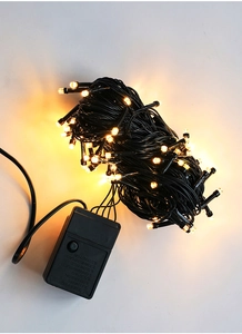 Detail of warm white LED string lights with 8-mode control box for Christmas decor