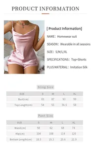 Detailed size chart for pink imitation silk camisole and shorts lounge set