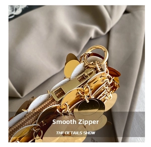 Detail shot of smooth gold metal zipper and large sequins on a crossbody bag