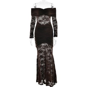 Detail of elegant black lace long sleeves and off-shoulder smocked slim-fit dress