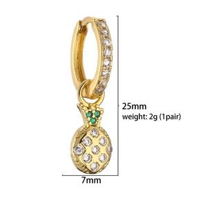 Gold pineapple drop earrings with zircon inlay, measuring 25mm and weighing 2g per pair