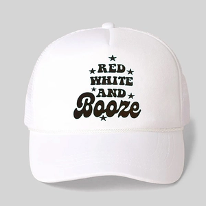 White trucker hat with Red White and Booze print and mesh back for sun protection