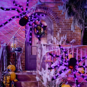Halloween decor featuring two large black spiders with purple LED lights on a web