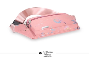 Detail view of pink oxford fabric waist bag bottom with metal zippers and colorful print