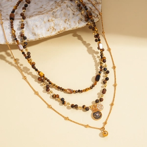 Vintage 18k gold plated multilayer tiger eye beaded necklace with round charms