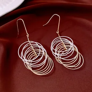 Multi Layer Circular Ring Dangle Earrings With Steel Earring Post Gold Silver Tone Textured Geometric For Women