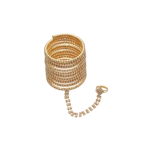 Elegant multi-layer gold bracelet and ring set with sparkling rhinestones and chains