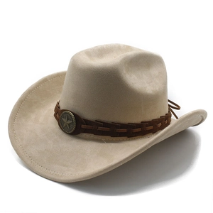 Detailed macro view of beige faux suede cowboy hat with brown braided band and star badge