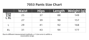 Size chart table for yoga set leggings style 7053 with S to XL waist and length details
