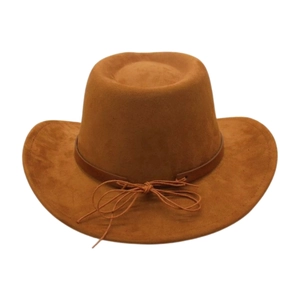 Detailed view of brown faux suede cowboy hat with decorative ribbon and knot detail