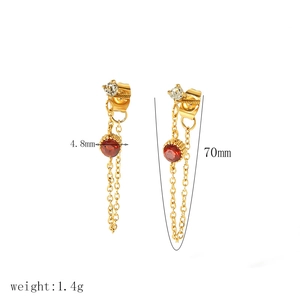 18k gold plated stainless steel tassel earrings with red and clear zircon stones
