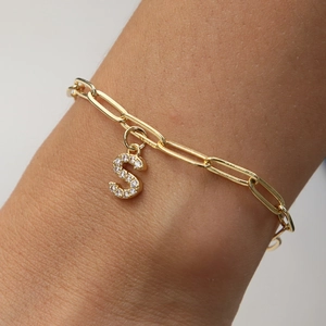 18k gold plated paperclip chain bracelet featuring a micro-pave letter S pendant on wrist