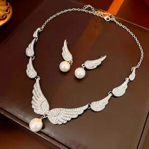 Angel Wing Necklace And Earrings With 925 Sterling Silver Earring Post Alloy Rhinestone Imitation Artificial Pearl Elegant For Women