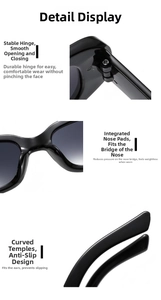 Detail of stable hinges, integrated nose pads and anti-slip temples on black sunglasses