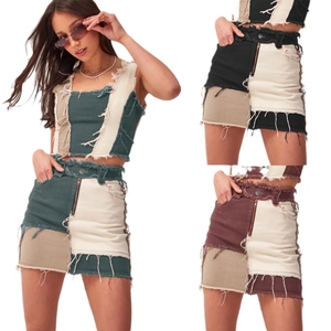 Women Patchwork Denim Halter Crop Top And Mini Skirt Color Block Frayed Raw Hem Distressed Streetwear Outfits