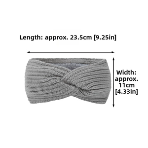 Detail showing grey knit headband dimensions 23.5cm by 11cm with soft fleece lining