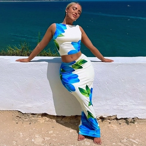 Women Floral Print Crop Top And High Waist Maxi Skirt Summer Vacation Slim Fit Sleeveless Polyester Spandex Outfit