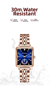 Detail showing 30m water resistance features of square ladies watch with blue sunray dial