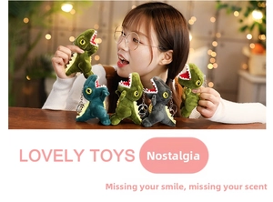 Miniature plush dinosaur keychain accessory hanging on a backpack shown with a model