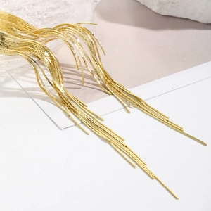 Detailed macro view showing the fine texture of golden fringe chain dangle earrings