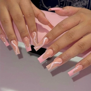 Long Coffin Press On Nails French Pink Gradient White Wave Lines Silver Glitter Rhinestone Decorative Fake Nails Women