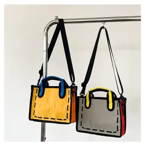 Detail of 2D cartoon style canvas tote bags with bold outlines and contrast straps